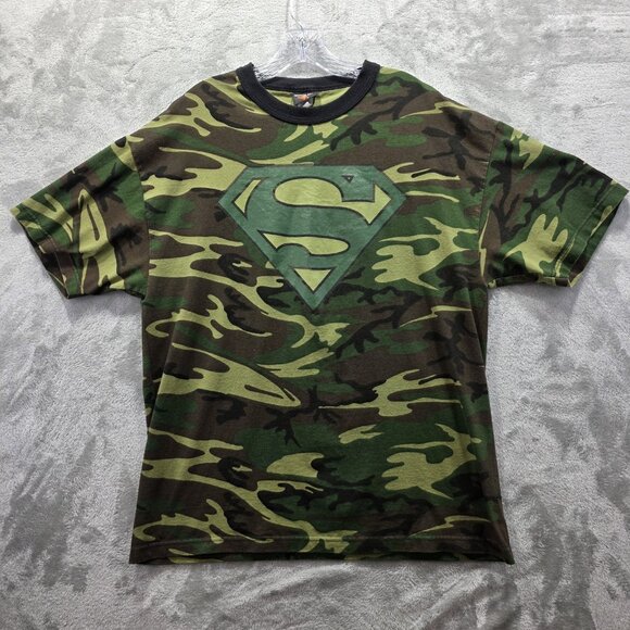 Vintage Superman Shirt Mens Large Camouflage Camo DC Comics Superhero 2001 Tee - Picture 1 of 8